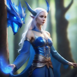 A graceful female High Elf draconic sorcerer with blue dragon-like features, including scales and horns