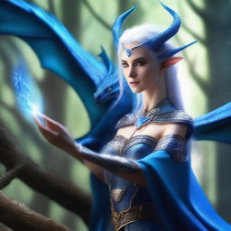 A graceful female High Elf draconic sorcerer with blue dragon-like features, including scales and horns