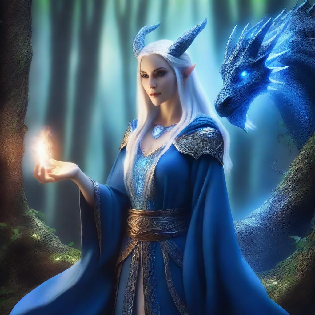 A graceful female High Elf draconic sorcerer with blue dragon-like features, including scales and horns