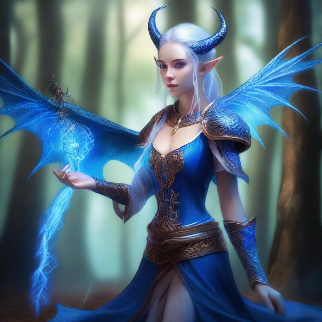 A young female High Elf draconic sorcerer with blue dragon-like features, including delicate scales and small horns