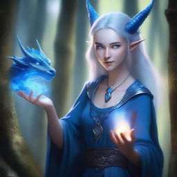 A young female High Elf draconic sorcerer with blue dragon-like features, including delicate scales and small horns