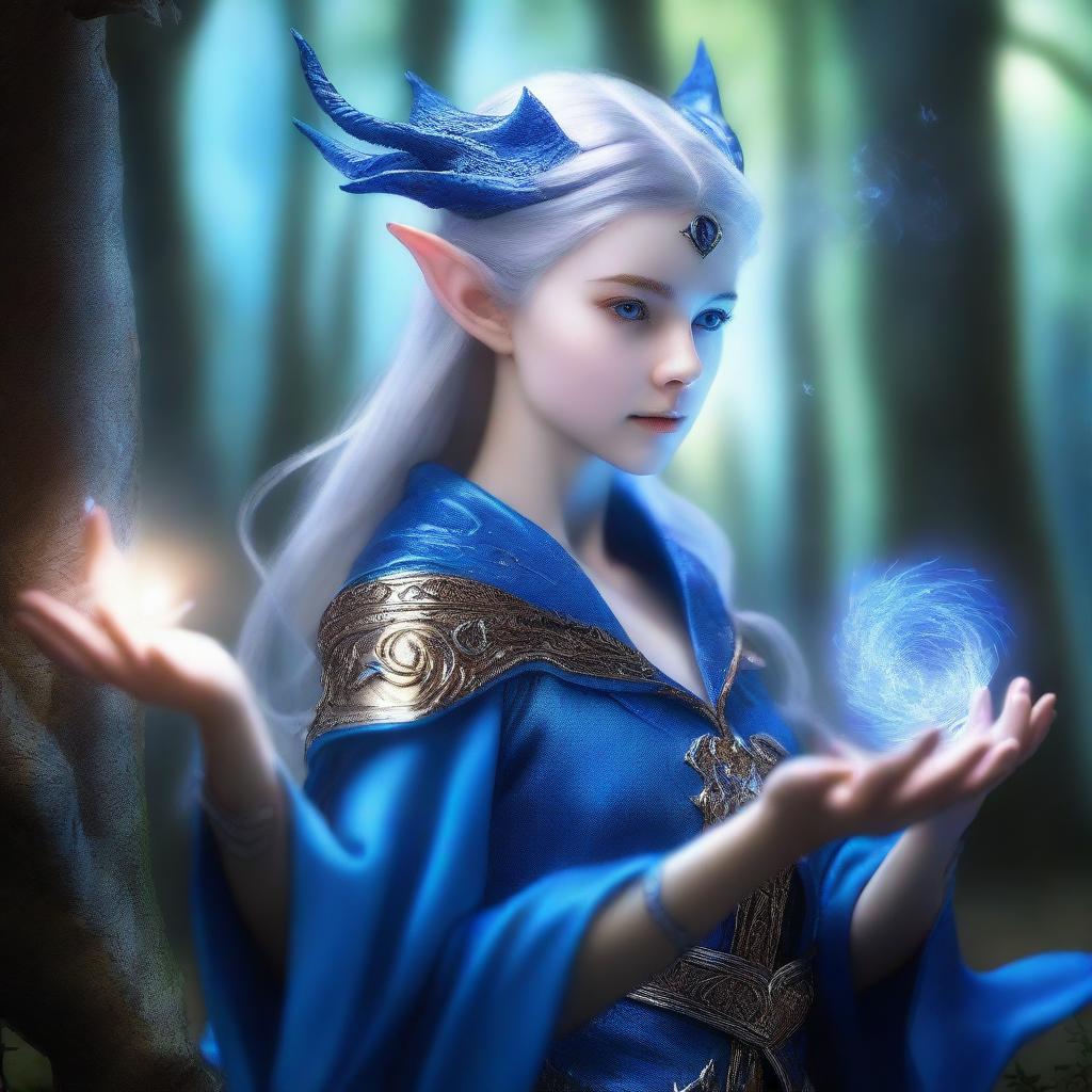 A young female High Elf draconic sorcerer with blue dragon-like features, including delicate scales and small horns