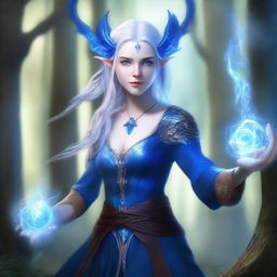 A young female High Elf draconic sorcerer with blue dragon-like features, including delicate scales and small horns