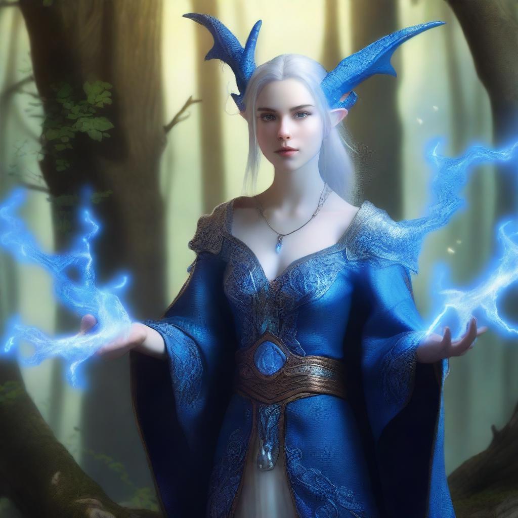 A young female High Elf draconic sorcerer with blue dragon-like features, including delicate scales and small horns