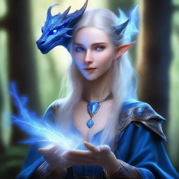 A young female High Elf draconic sorcerer with blue dragon-like features, including delicate scales and small horns