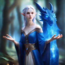 A young female High Elf draconic sorcerer with blue dragon-like features, including delicate scales and small horns