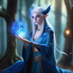 A young female High Elf draconic sorcerer with blue dragon-like features, including delicate scales and small horns