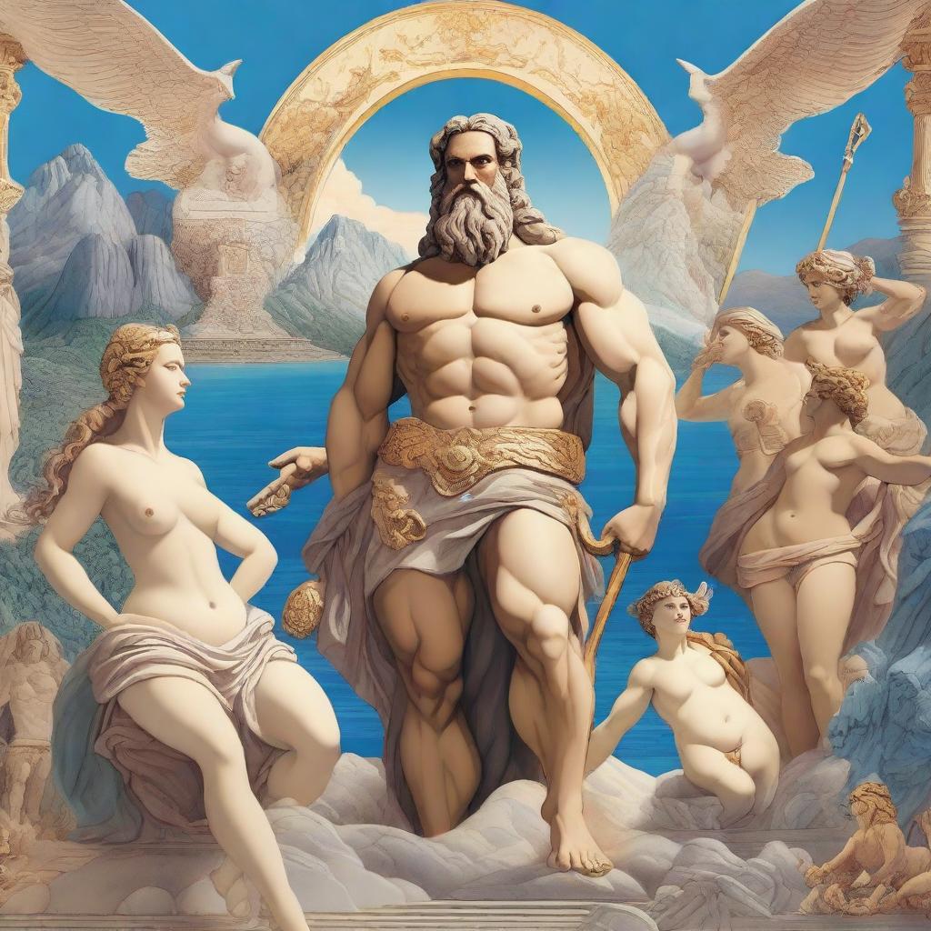 A detailed illustration of Greek myths and gods, featuring iconic figures like Zeus, Hera, Poseidon, and Athena, set against a backdrop of Mount Olympus