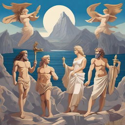 A detailed illustration of Greek myths and gods, featuring iconic figures like Zeus, Hera, Poseidon, and Athena, set against a backdrop of Mount Olympus