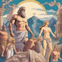 A detailed illustration of Greek myths and gods, featuring iconic figures like Zeus, Hera, Poseidon, and Athena, set against a backdrop of Mount Olympus