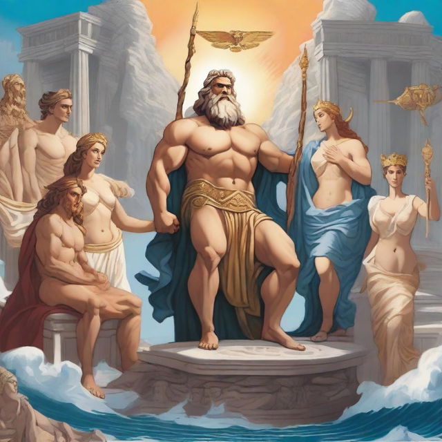 A detailed illustration of Greek myths and gods, featuring iconic figures like Zeus, Hera, Poseidon, and Athena, set against a backdrop of Mount Olympus