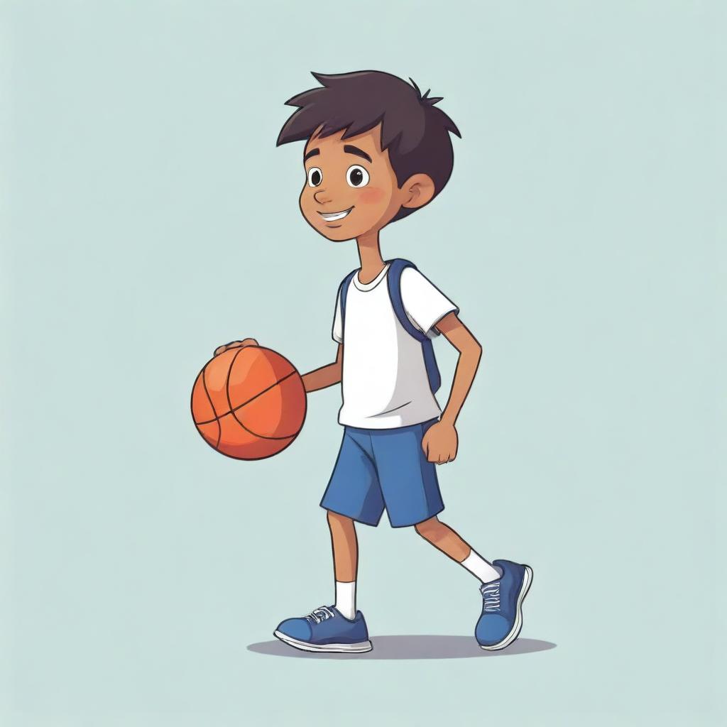 2D cartoon of a boy with a basketball walking