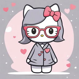 Create an image of Hello Kitty wearing cute glasses, dressed in grey clothes, with hearts surrounding her