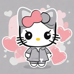 Create an image of Hello Kitty wearing cute glasses, dressed in grey clothes, with hearts surrounding her