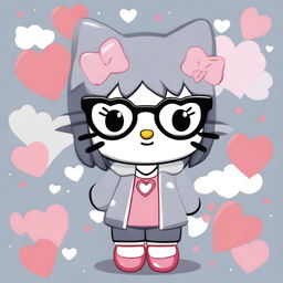 Create an image of Hello Kitty wearing cute glasses, dressed in grey clothes, with hearts surrounding her