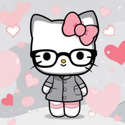 Create an image of Hello Kitty wearing cute glasses, dressed in grey clothes, with hearts surrounding her