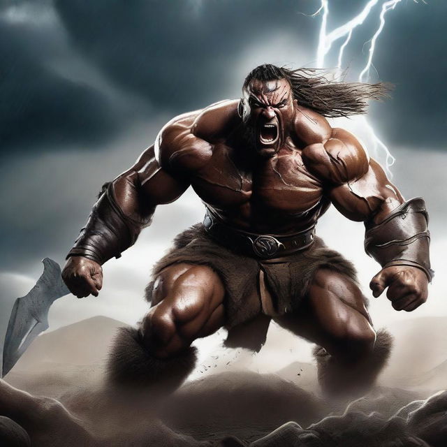 A fierce barbarian warrior shouting with rage, muscles bulging and veins popping