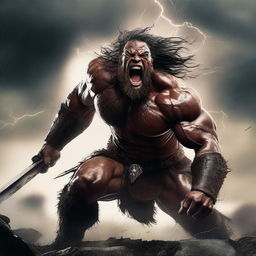 A fierce barbarian warrior shouting with rage, muscles bulging and veins popping