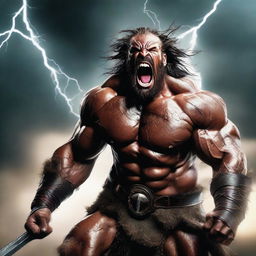 A fierce barbarian warrior shouting with rage, muscles bulging and veins popping