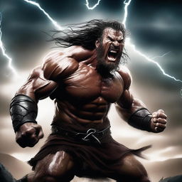 A fierce barbarian warrior shouting with rage, muscles bulging and veins popping