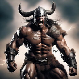 A fierce barbarian warrior shouting with rage, wearing a menacing helmet adorned with horns