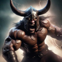 A fierce barbarian warrior shouting with rage, wearing a menacing helmet adorned with horns