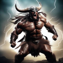 A fierce barbarian warrior shouting with rage, wearing a menacing helmet adorned with horns