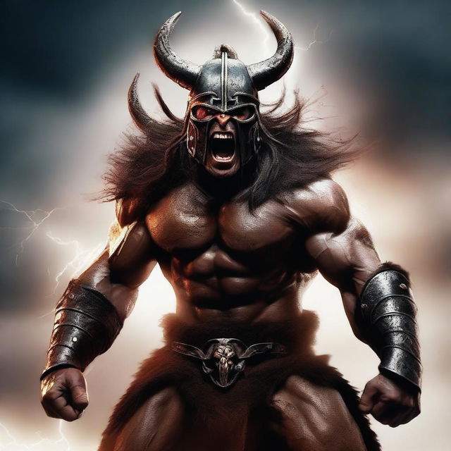 A fierce barbarian warrior shouting with rage, wearing a menacing helmet adorned with horns