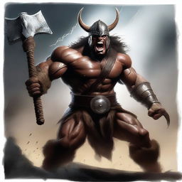 A fierce barbarian warrior shouting with rage, wearing a menacing helmet and holding a large axe