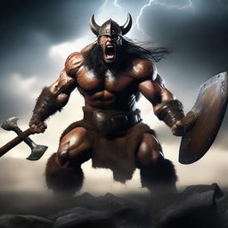 A fierce barbarian warrior shouting with rage, wearing a menacing helmet and holding a large axe