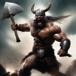 A fierce barbarian warrior shouting with rage, wearing a menacing helmet and holding a large axe