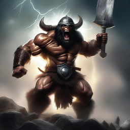 A fierce barbarian warrior shouting with rage, wearing a menacing helmet and holding a large axe