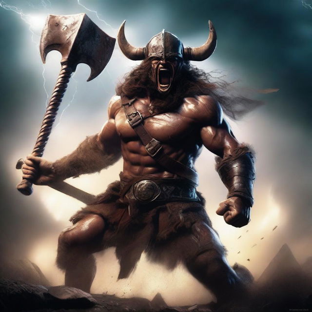 A fierce, skinny barbarian warrior shouting with rage, wearing a menacing helmet and holding a large axe