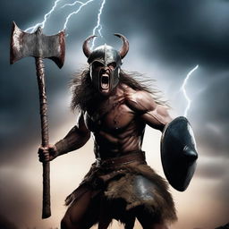 A fierce, skinny barbarian warrior shouting with rage, wearing a menacing helmet and holding a large axe