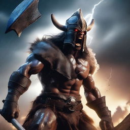 A fierce, skinny barbarian warrior shouting with rage, wearing a menacing helmet and holding a large axe