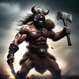 A fierce, skinny barbarian warrior shouting with rage, wearing a menacing helmet and holding a large axe