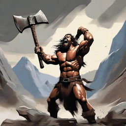 A lean barbarian holding an axe above his head, screaming fiercely