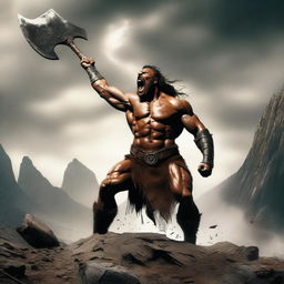 A lean barbarian holding an axe above his head, screaming fiercely