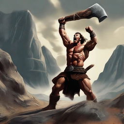 A lean barbarian holding an axe above his head, screaming fiercely