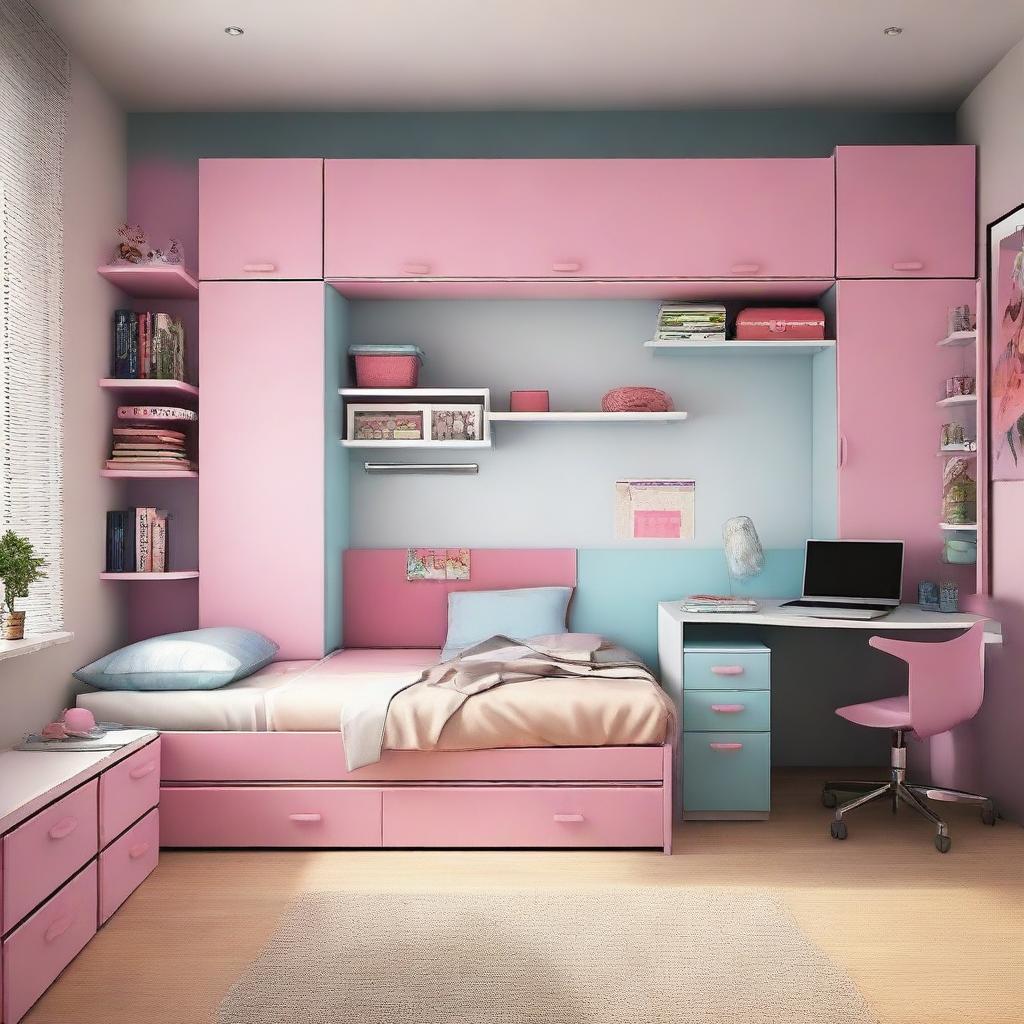 Create a teenager's bedroom with a wardrobe, desk, and bed in a room that measures 2