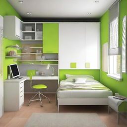 Create a teenager's bedroom with a wardrobe, desk, and bed in a room that measures 2