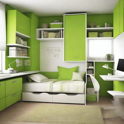 Create a teenager's bedroom with a wardrobe, desk, and bed in a room that measures 2