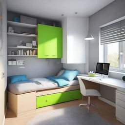 Create a teenager's bedroom with a wardrobe, desk with two monitors and gaming equipment, and a bed in a room that measures 2