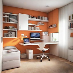 Create a teenager's bedroom with a wardrobe, desk with two monitors and gaming equipment, and a bed in a room that measures 2