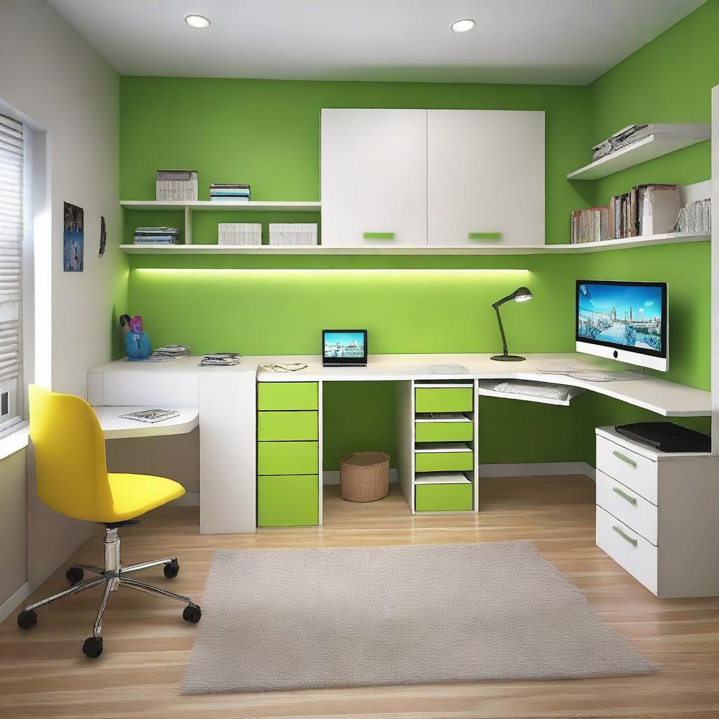 Create a teenager's bedroom with a wardrobe, desk with two monitors and gaming equipment, and a bed in a room that measures 2