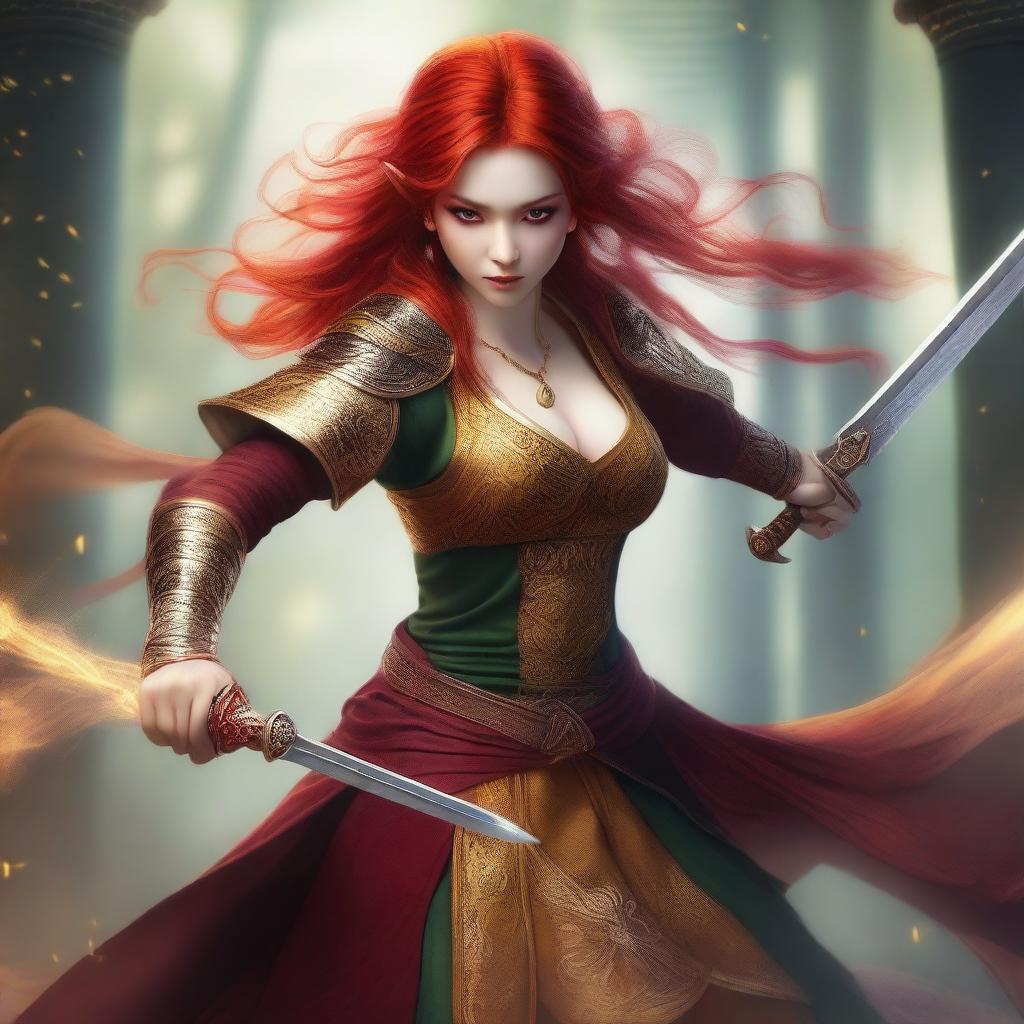 A female elf sorcerer with striking red hair and piercing yellow eyes, dressed in intricate oriental clothes, engaged in an intense sword fight