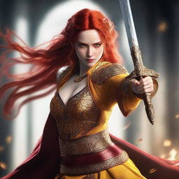 A female elf sorcerer with striking red hair and piercing yellow eyes, dressed in intricate oriental clothes, engaged in an intense sword fight