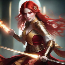 A female elf sorcerer with striking red hair and piercing yellow eyes, dressed in intricate oriental clothes, engaged in an intense sword fight