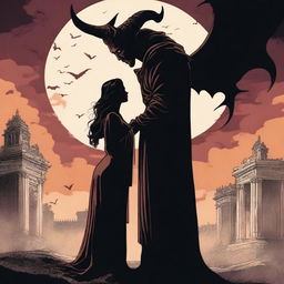 A man looking at a beautiful woman with a shadow of Asmodeus in the sky above her