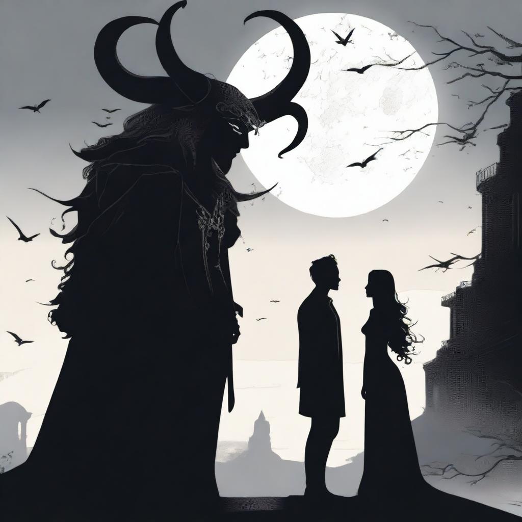 A man looking at a beautiful woman with a shadow of Asmodeus in the sky above her